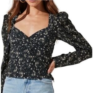 ASTR The Label Black Ivory Floral V-Neck Long Sleeve Sheer Crinkle Blouse Size M